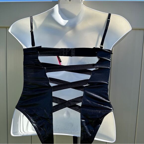 NWT seven til midnight lace S&M bondage lace & lame crotchless black teddy Sz L - Picture 6 of 10